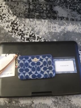 2 Piece Coach Blue Jacquard Signature Wristlet with Gold Logo
